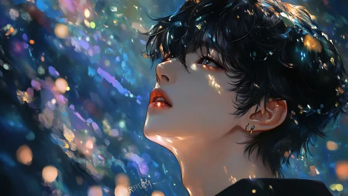 Side profile of youth amid abstract colored light bokeh.