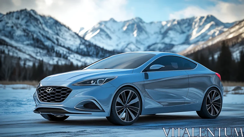 Silver coupe car is parked on a snow-covered plain