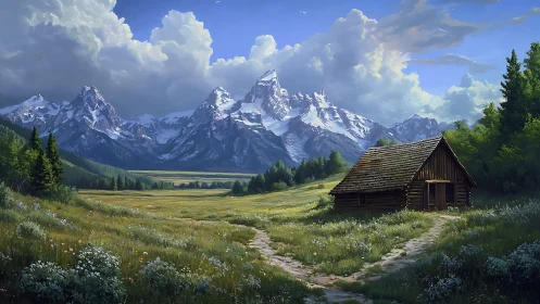 Mountain meadow cabin under towering snow-capped peaks.