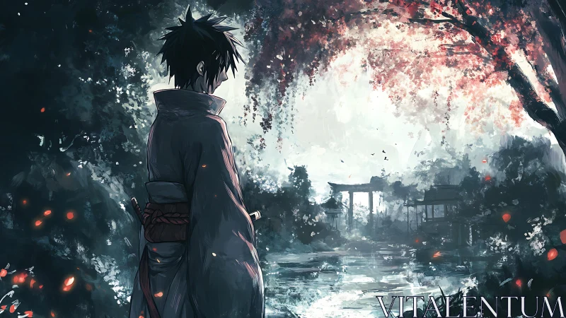 Solitary wanderer beneath luminous sakura horizon.