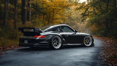 Modified black sports coupe on damp forest road at dusk.