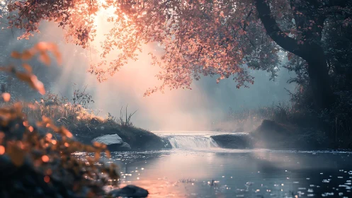 Volumetric dawn light over misted woodland cascade pool.