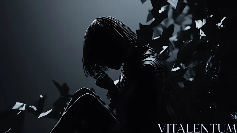 Silhouetted daydreamer adrift in midnight paper storms.