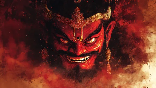 Demonic red face with ornate crown in fiery abstraction.