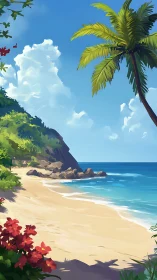 Tropical Coastal Beach Scene with Palm and Vegetation
