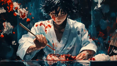 Intense anime chef carving bloody meat in dynamic palette.