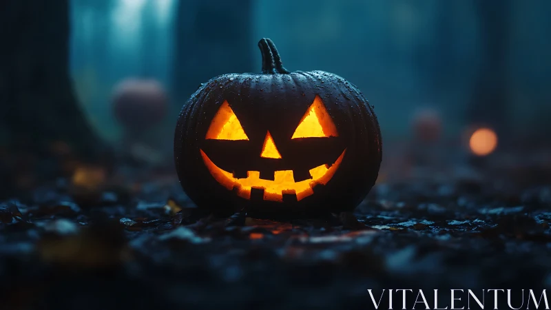 Glowing jack-o’-lantern grins in a misty, moonlit forest clearing