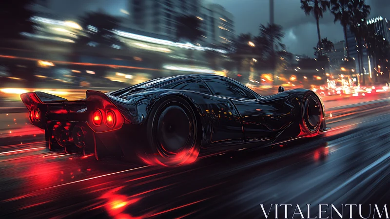 Black hypercar racing through wet neon city street at night.