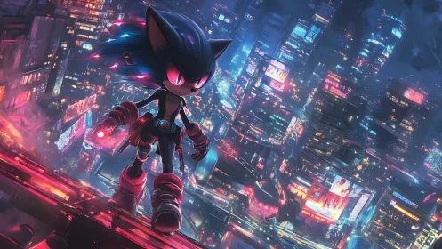 Neon hedgehog vigilante stalks a rain-lit cyberpunk skyline.