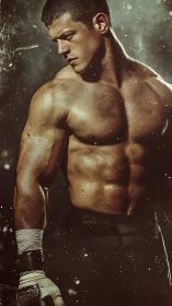 Muscular boxer poised in gritty cinematic low key light.