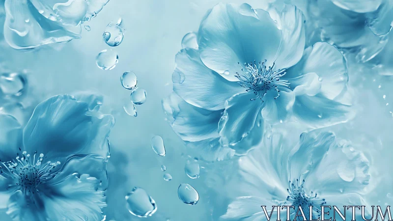 Cyan flower petals with suspended water droplets and bokeh ambient.