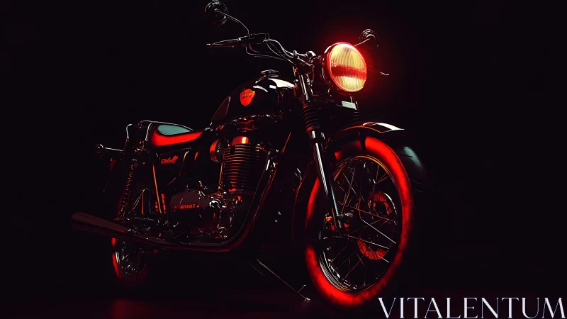 Midnight red motorcycle waits under a glowing headlight