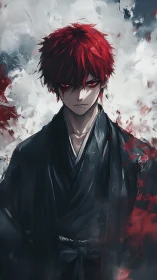 Crimson eyed swordsman stands in storm of abstract chaos.