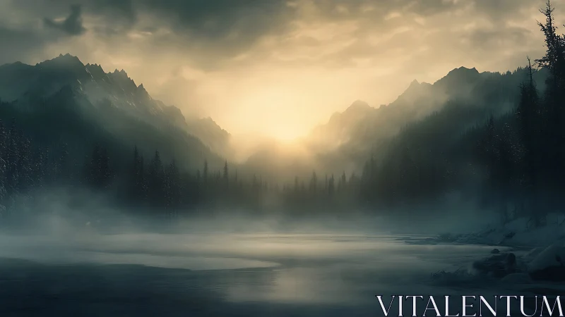 Misty mountain lake at sunrise with soft winter light.