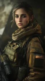 Young female soldier in tactical gear portrait scene.