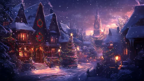 Snow-covered village street with seasonal lights at night.