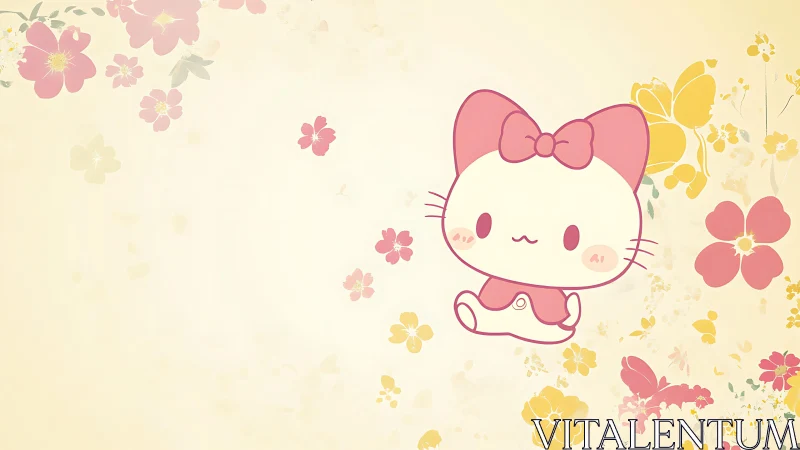 Anime pastel kitten with floral negative space composition.