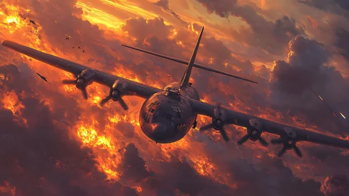 Strategic bomber formation slicing through incendiary cloud deck.
