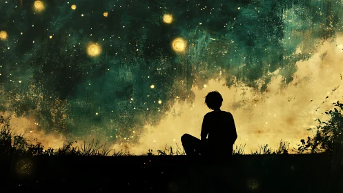 Silhouetted observer under luminant particulate skyfield.