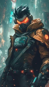 Neon-masked urban operative in teal and ember-lit alleyway.