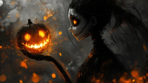 Stitched specter studies blazing jack o lantern glow.