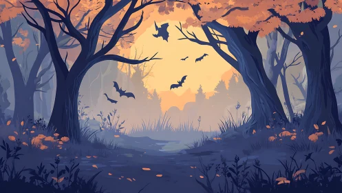 Ethereal forest pathway bathed in golden twilight with bats.