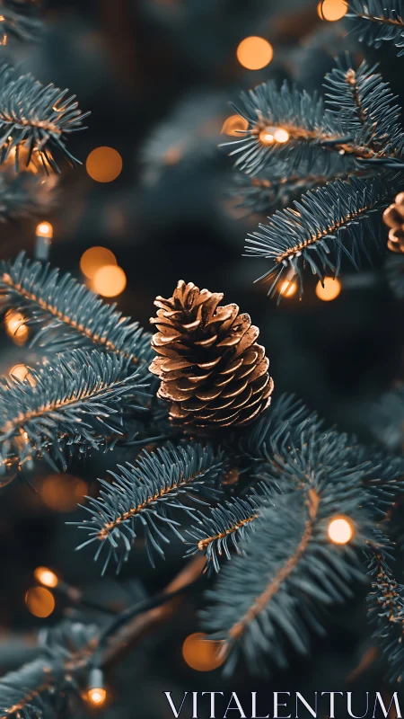 Single pine cone on illuminated evergreen branch at night.
