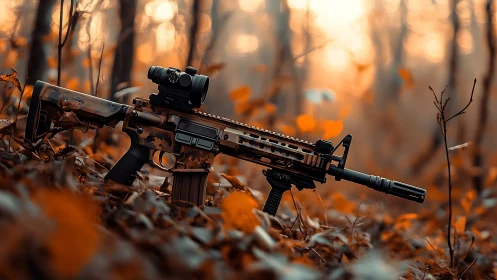 Photorealistic tactical rifle amid autumn woodland bokeh field.