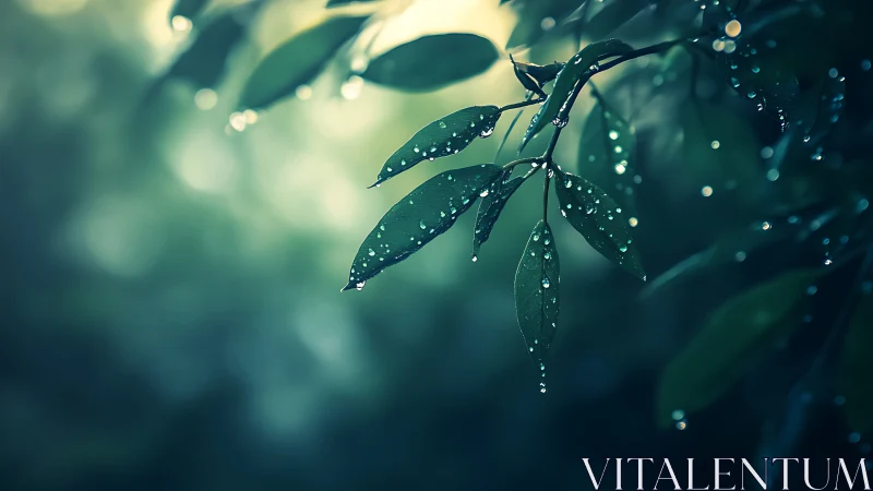 Macro bokeh study of rain-soaked foliage with shallow depth