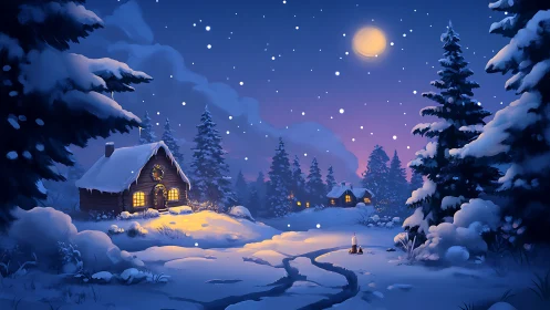 Snowy cabin glows beneath a tranquil winter moonlit sky.