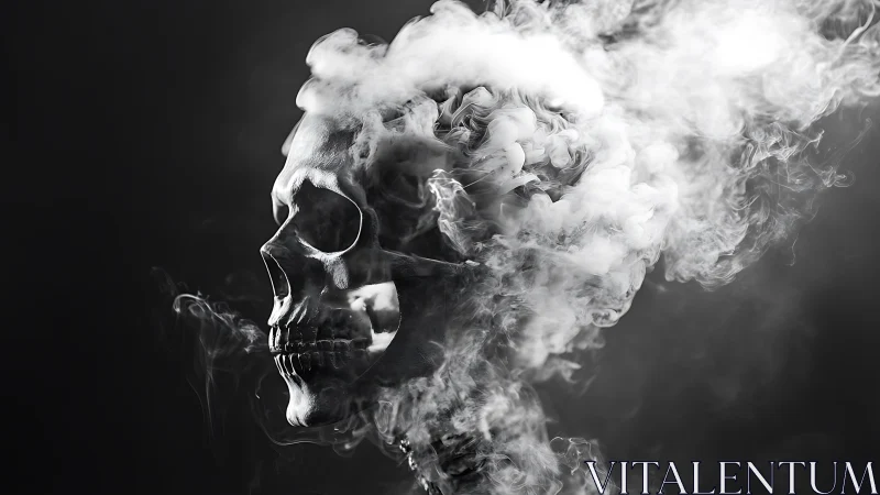 Monochrome skull dissolves into swirling volumetric smoke plume