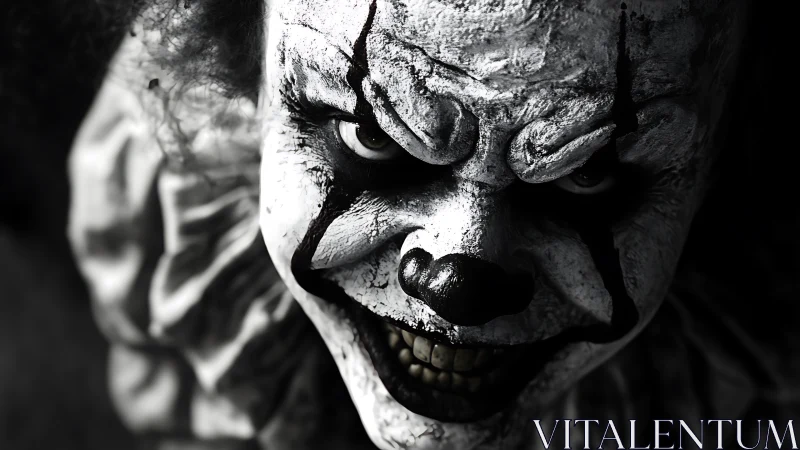 Close-up monochrome portrait of sinister styled clown.
