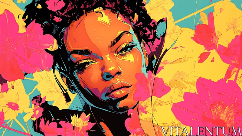 High-contrast vector portrait integrates neon florals and bold contour mapping