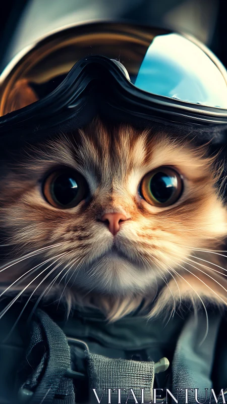 Wide-eyed ginger kitten peers out from glossy pilot helmet