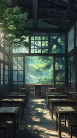 Sunlit wooden classroom opening onto lush forest view.
