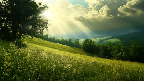 Sunlit hillside meadow where golden grass meets quiet sky.