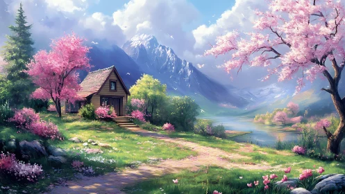 Spring cabin nestles under snowy mountains beside river