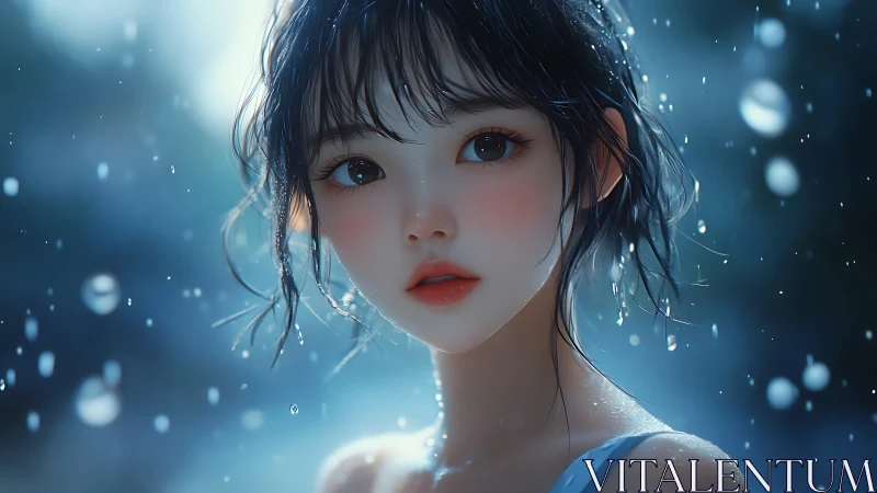 Rain-kissed girl gazes softly through luminous blue dusk.