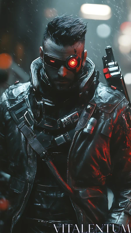 Cybernetic soldier stands under neon rain in dystopian alley