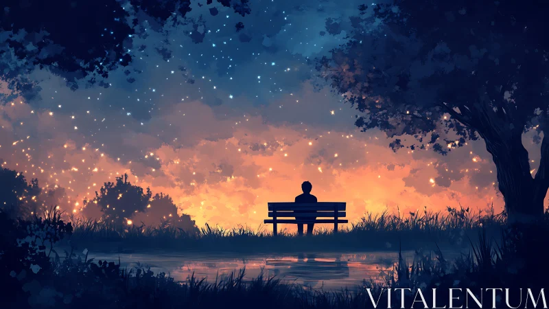 Solitary figure on a bench watches glowing twilight sky.