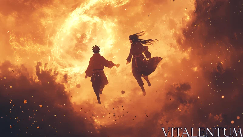 Silhouetted figures suspended before circular fiery vortex.