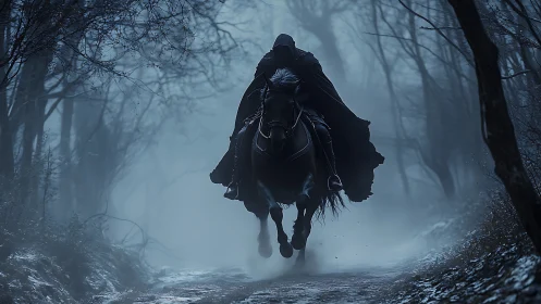 Shrouded rider urges a dark horse through a misty forest night