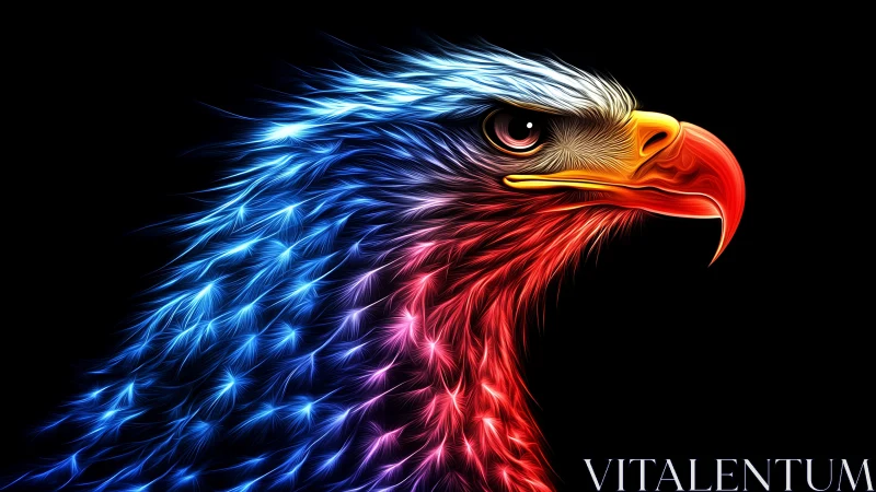 Radiant neon eagle glows boldly in red, blue, and gold light