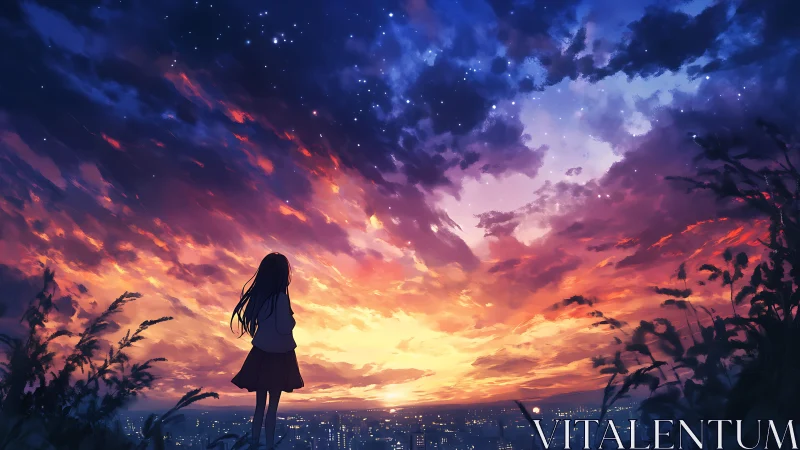 Girl watches blazing anime sunset over twinkling city