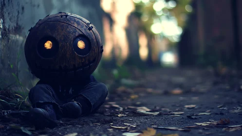 Rusty pumpkin wanderer waits softly in a blurred alleyway