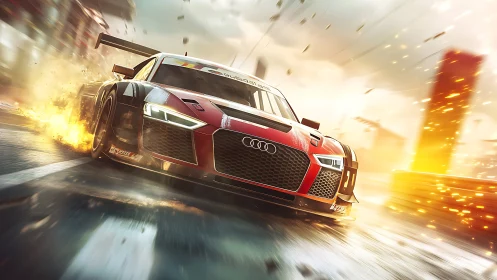 Roaring race car bursts forward in a blaze of golden speed