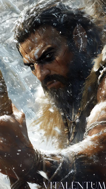 Glacial warrior in dynamic close-up, snow-lashed and battle-scarred.