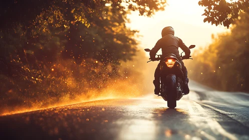 Motorcyclist rides sunlit wet road through glowing forest.