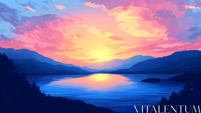 Layered mountain lake at vivid multicolor digital sunset sky