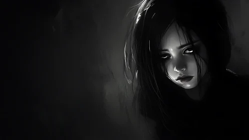 Monochrome digital portrait of a melancholic girl, high contrast.